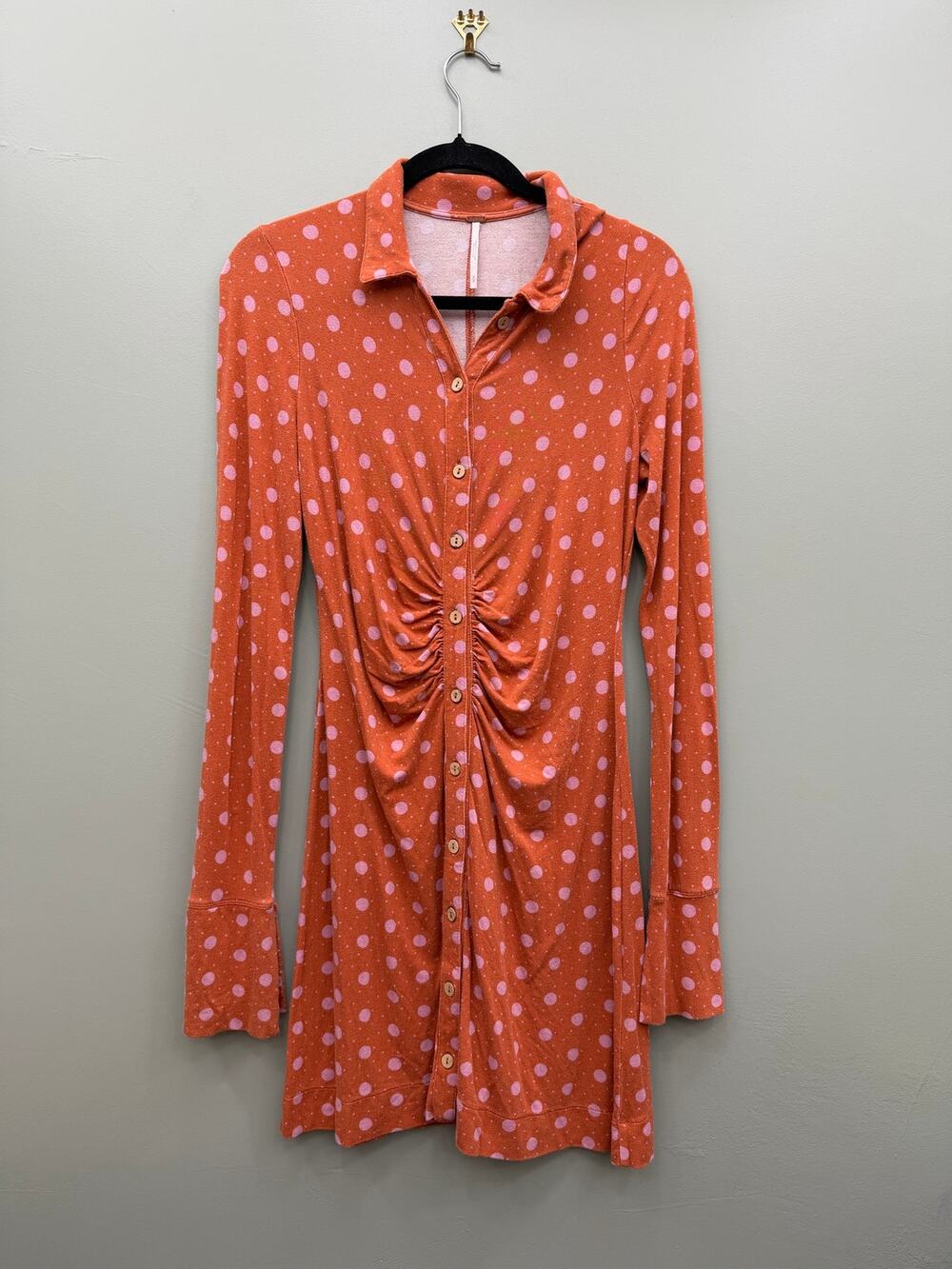 Free People Orange Pink Polka Dot Ruched Shirt Dress Medium